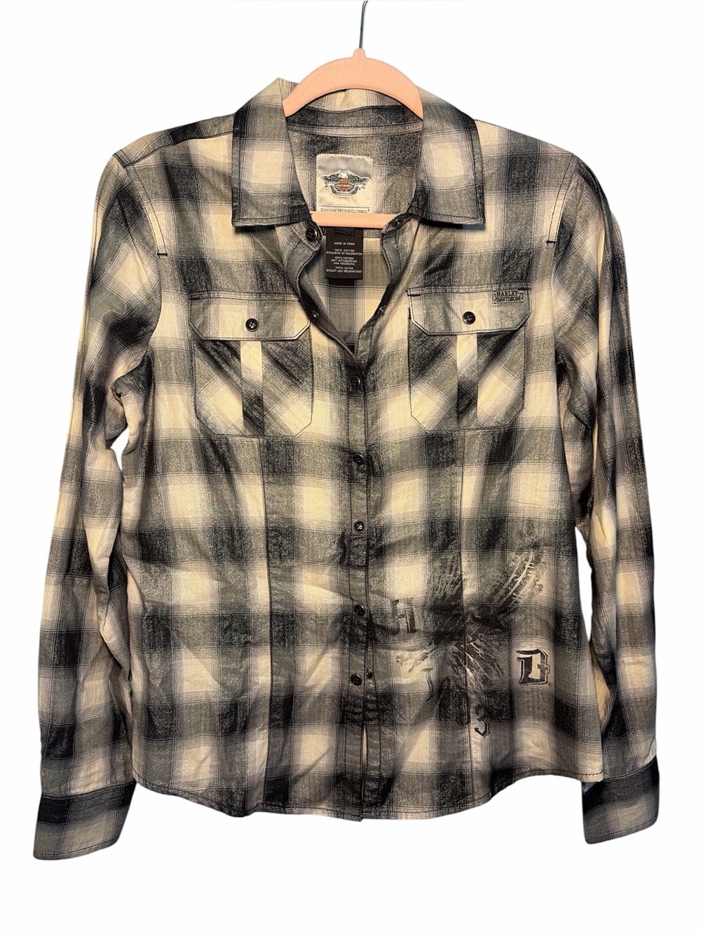 Harley-Davidson Black and White Plaid Metallic Wash Snap Down Shirt